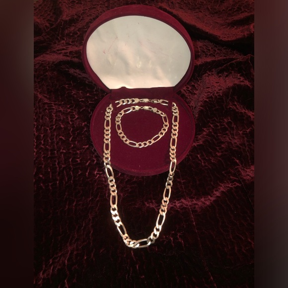 Mens solid heavy 925 sterling silver necklace and bracelet set - Picture 1 of 2